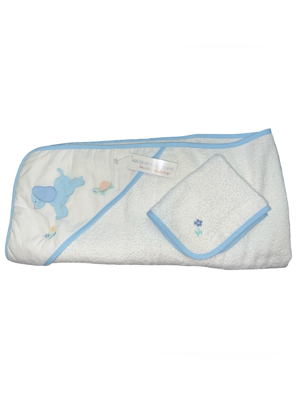 Vtg House Of Hatten Blue Puppy Turtle Baby Hooded Towel & Washcloth Set